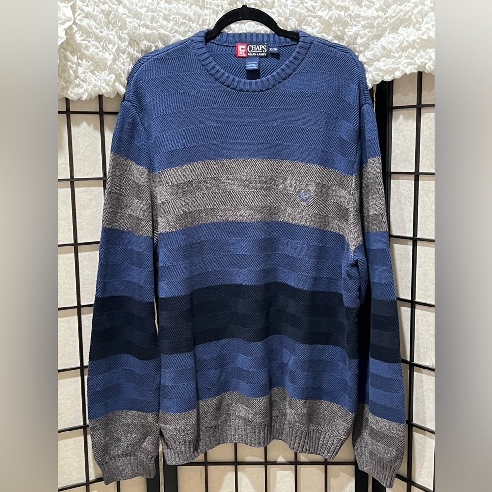 Ralph Lauren Chaps VINTAGE Navy STRIPE CREWNECK Sweater, CLASSIC, MENS SIZE XL - Picture 3 of 7